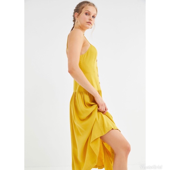 Urban Outfitters Linen Button-Down Drop Waist Pleated Skirt Midi Dress Mustard - Picture 3 of 16